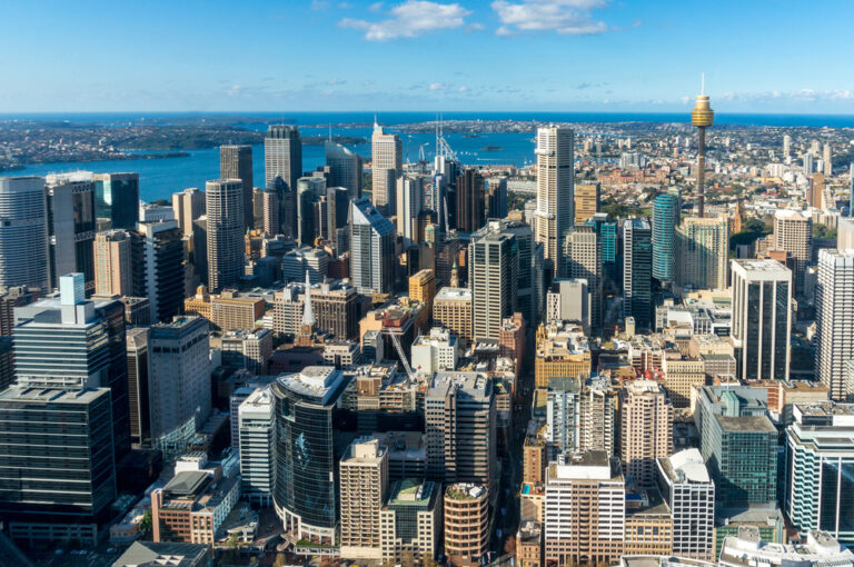 Aerial view of Sydney city skyline and harbour near Pioneer Business Brokers office.