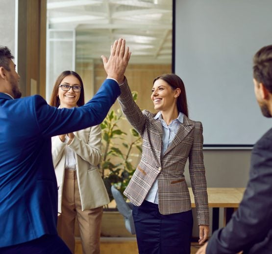 Colleagues celebrating success with high five during meeting at Pioneer Business Brokers.